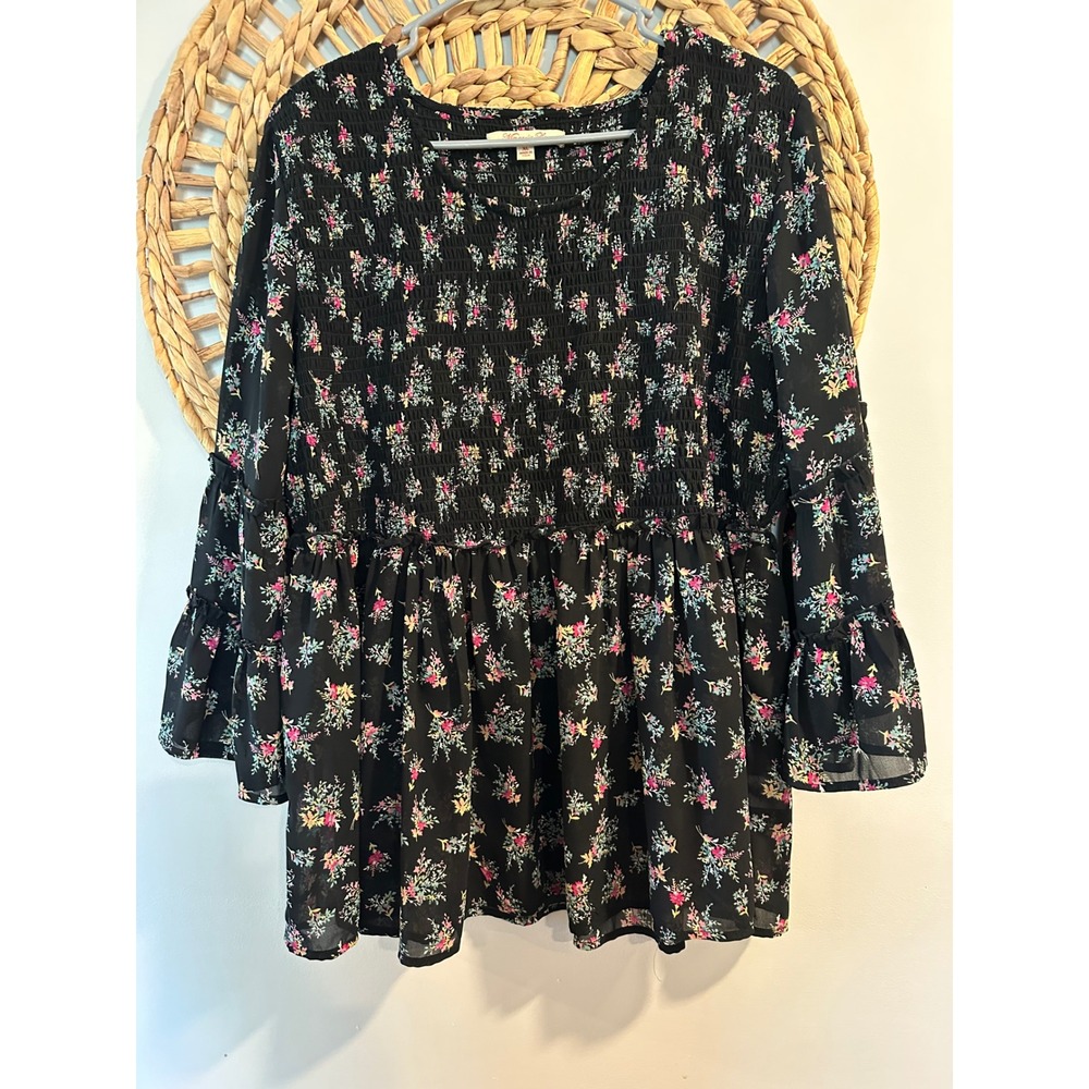 Magnolia Lane Floral Smocked Peplum Blouse Black Tiered Bell Sleeve XL